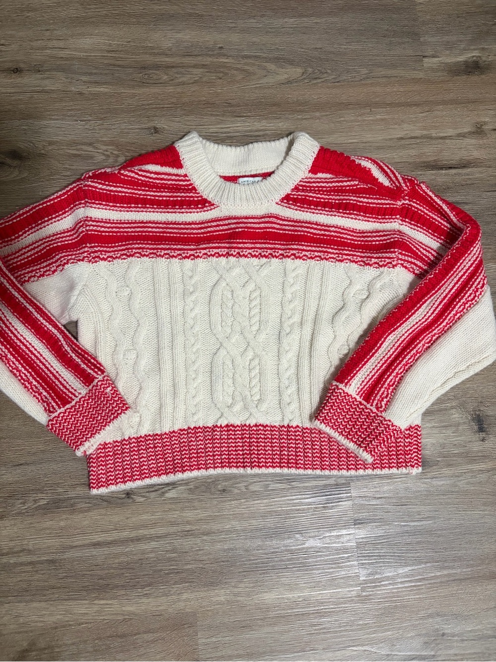 American Eagle Outfitters Red and Cream Striped Cable Knit Sweater